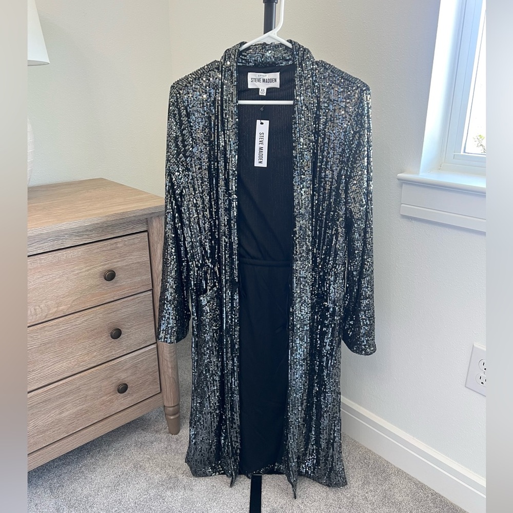 Steve Madden Black Sequin Open-Front Duster Coat